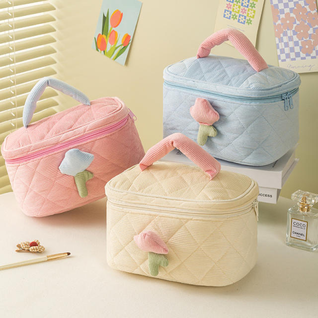 Sweet tulip flower Corduroy material women cosmetic bag