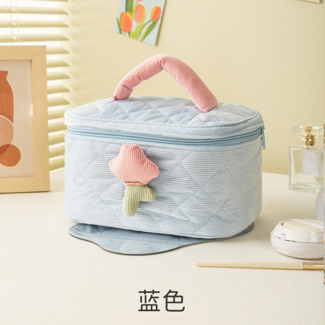 Sweet tulip flower Corduroy material women cosmetic bag