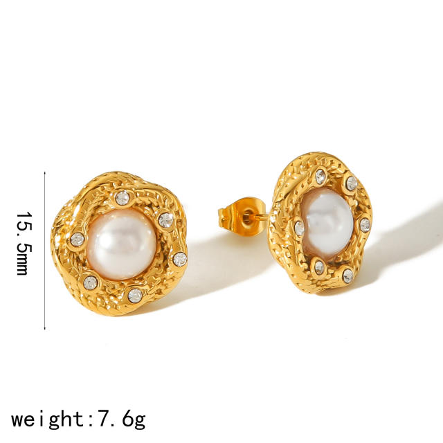 Elegant pearl bead button design stainless steel studs earrings