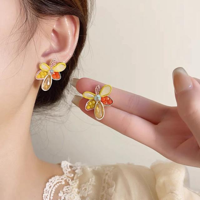 Spring summer yellow color crystal beaded studs earrings
