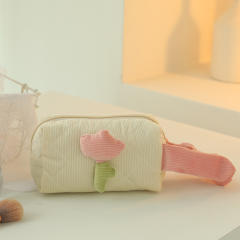 Sweet tulip flower Corduroy material women cosmetic bag