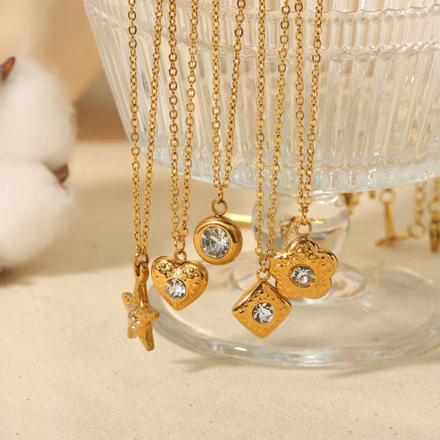 18KG dainty hammer pattern heart star flower pendant stainless steel necklace