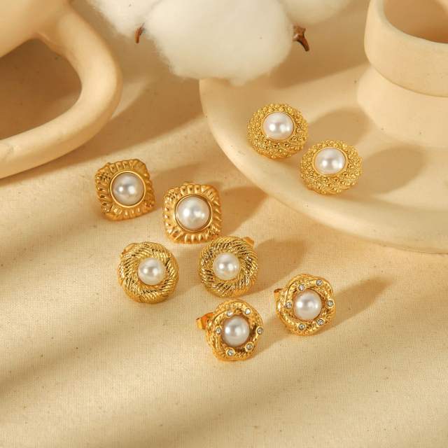 Elegant pearl bead button design stainless steel studs earrings