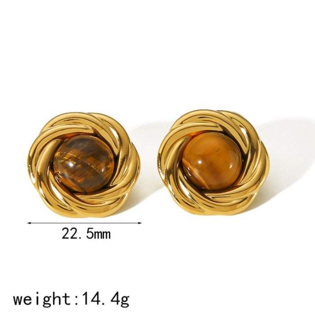 Boho tiger eye stone pearl bead button stainless steel earrings
