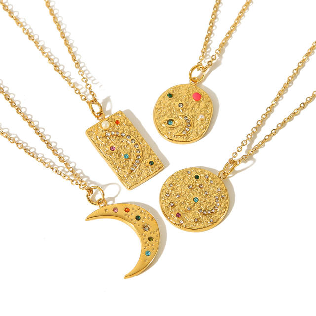 Personality hammer pattern moon star geometric pendant dainty stainless steel necklace