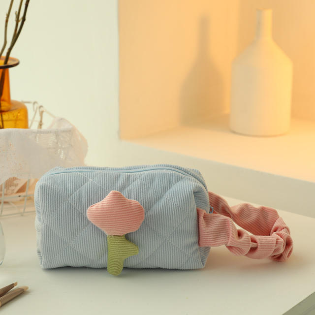 Sweet tulip flower Corduroy material women cosmetic bag