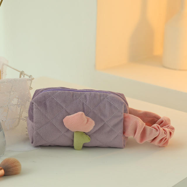 Sweet tulip flower Corduroy material women cosmetic bag