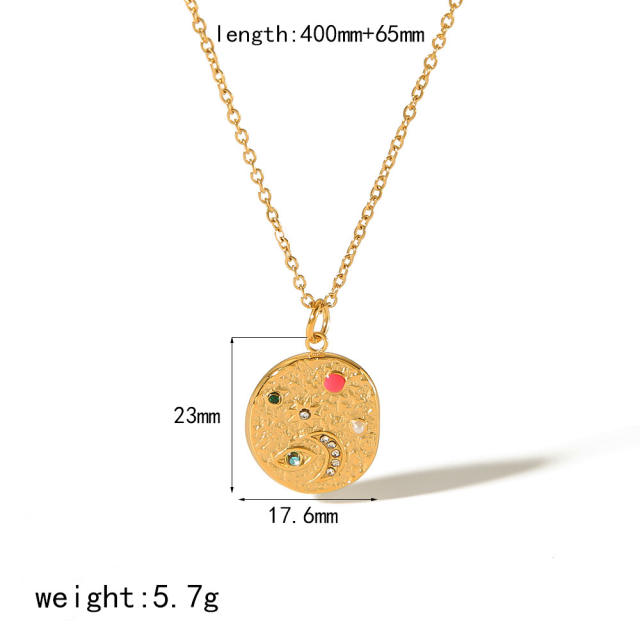 Personality hammer pattern moon star geometric pendant dainty stainless steel necklace