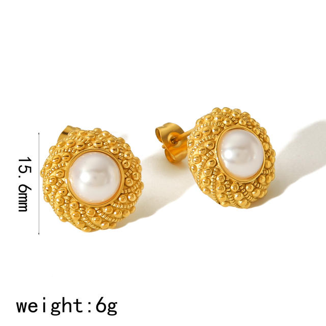 Elegant pearl bead button design stainless steel studs earrings