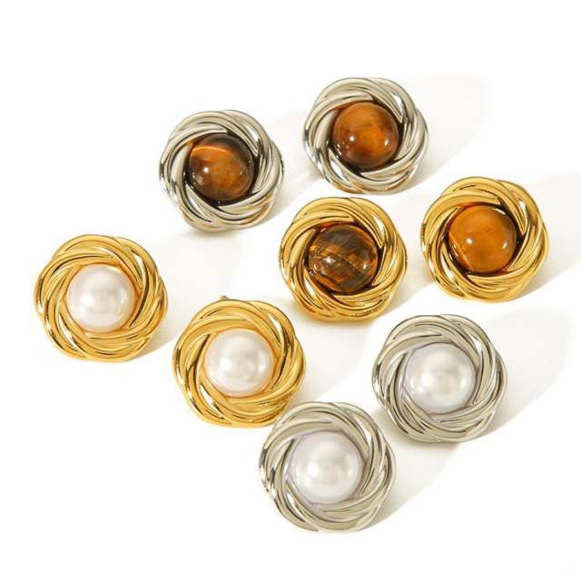 Boho tiger eye stone pearl bead button stainless steel earrings