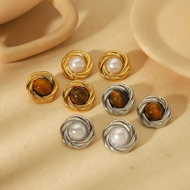 Boho tiger eye stone pearl bead button stainless steel earrings