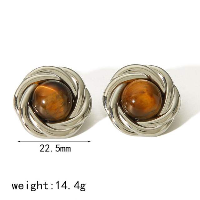Boho tiger eye stone pearl bead button stainless steel earrings