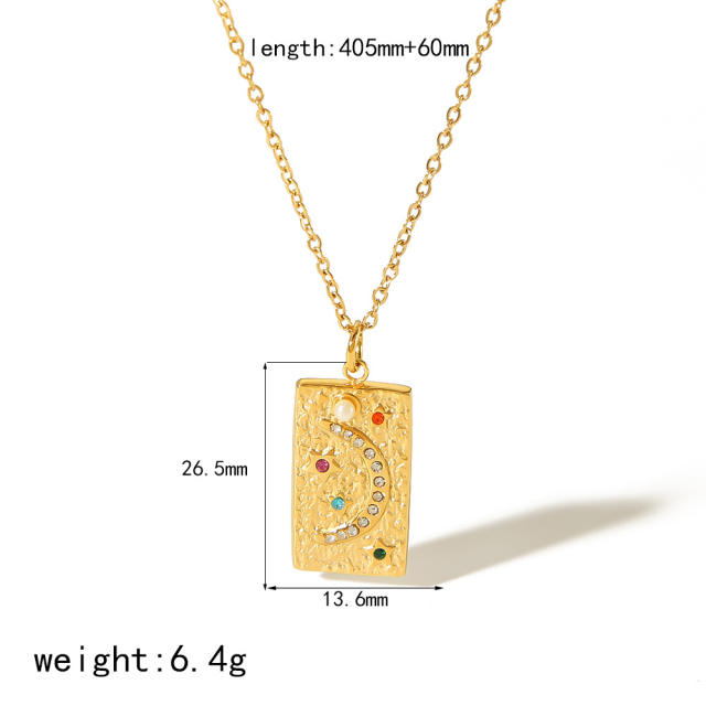 Personality hammer pattern moon star geometric pendant dainty stainless steel necklace