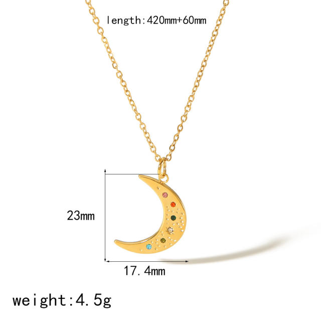 Personality hammer pattern moon star geometric pendant dainty stainless steel necklace