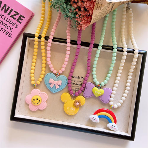 Summer candy color beaded heart rainbow pendant necklace for kids