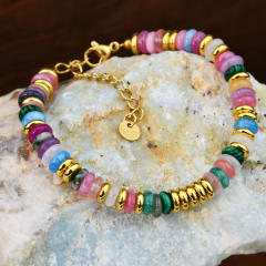 Boho hot sale colorful natural stone stainless steel beaded bracelet