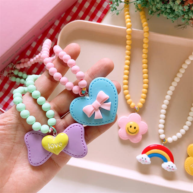 Summer candy color beaded heart rainbow pendant necklace for kids