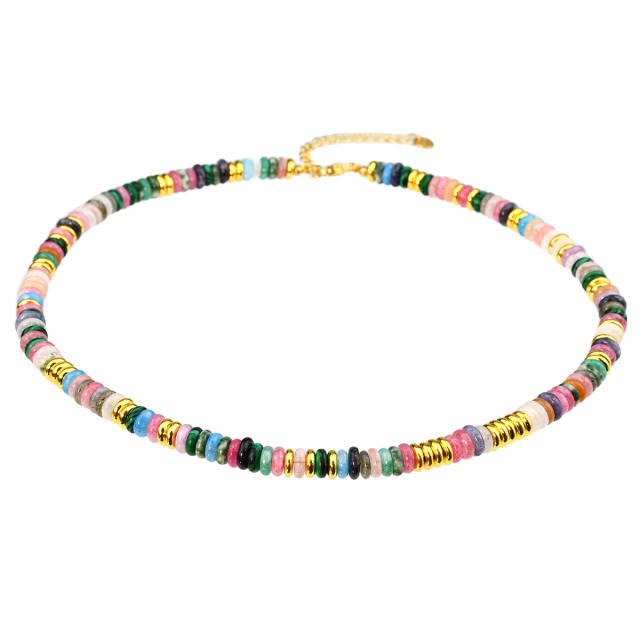 Summer creative boho colorful natural stone stainless steel beaded choker necklace