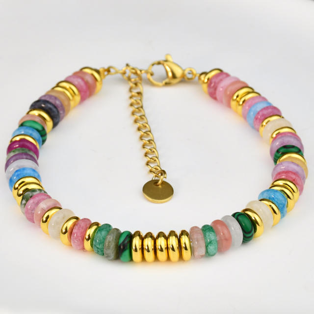 Boho hot sale colorful natural stone stainless steel beaded bracelet