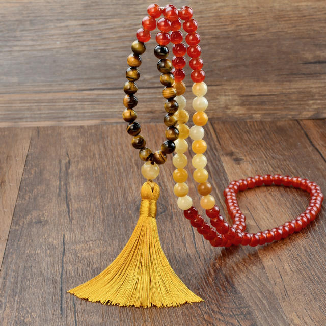 108pcs Boho natural stone beaded rope tassel necklace Rosary Necklace