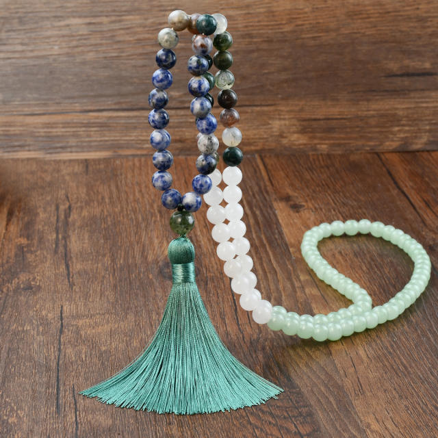 108pcs Boho natural stone beaded rope tassel necklace Rosary Necklace