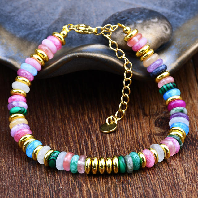 Boho hot sale colorful natural stone stainless steel beaded bracelet