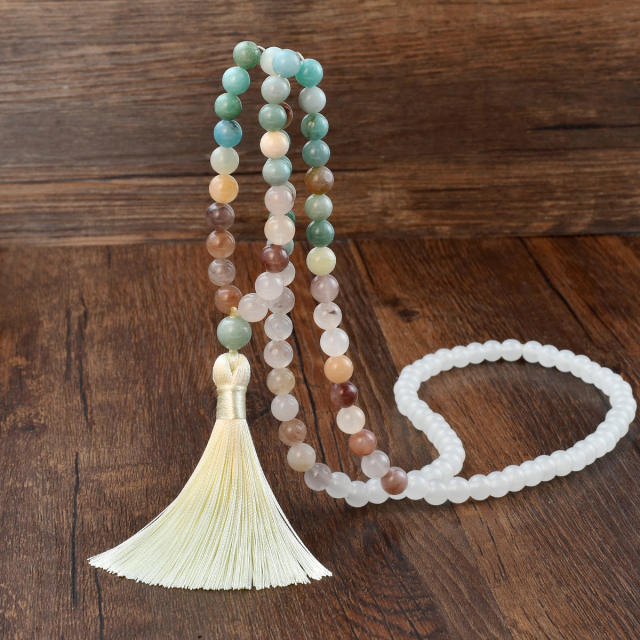 108pcs Boho natural stone beaded rope tassel necklace Rosary Necklace