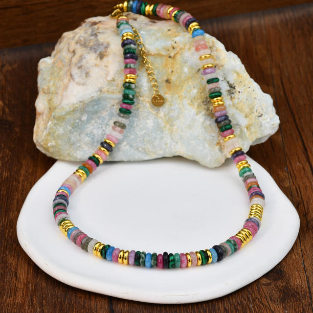 Summer creative boho colorful natural stone stainless steel beaded choker necklace