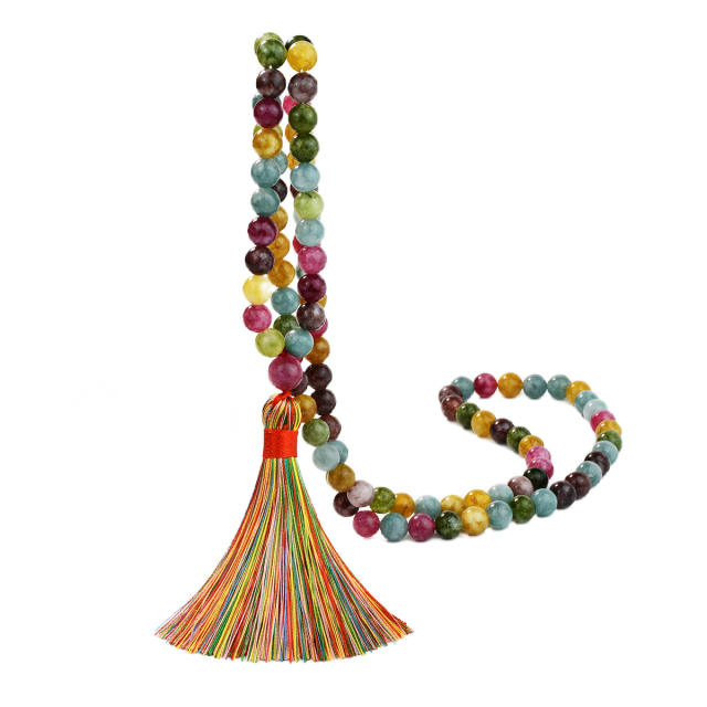 108pcs Boho natural stone beaded rope tassel necklace Rosary Necklace