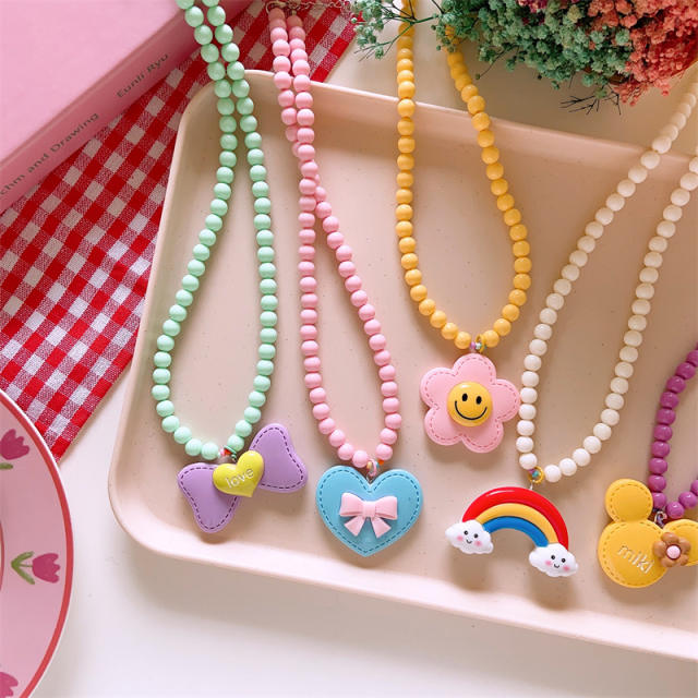 Summer candy color beaded heart rainbow pendant necklace for kids