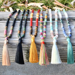 108pcs Boho natural stone beaded rope tassel necklace Rosary Necklace