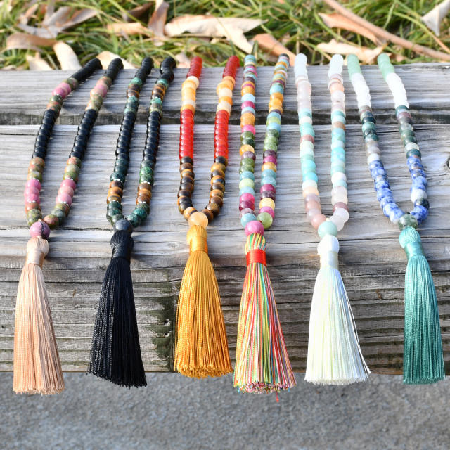 108pcs Boho natural stone beaded rope tassel necklace Rosary Necklace