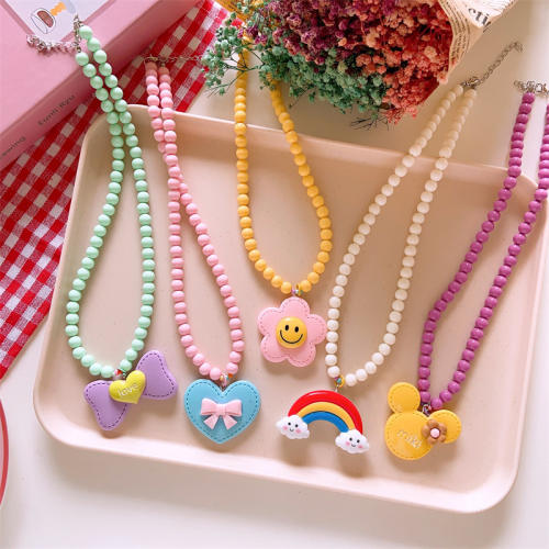 Summer candy color beaded heart rainbow pendant necklace for kids