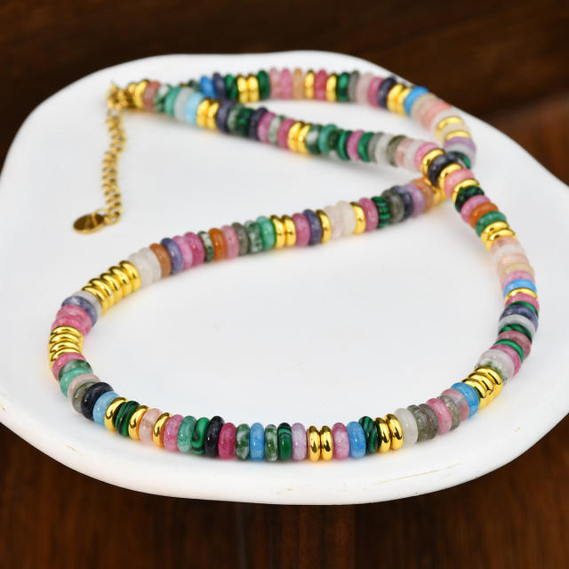Summer creative boho colorful natural stone stainless steel beaded choker necklace