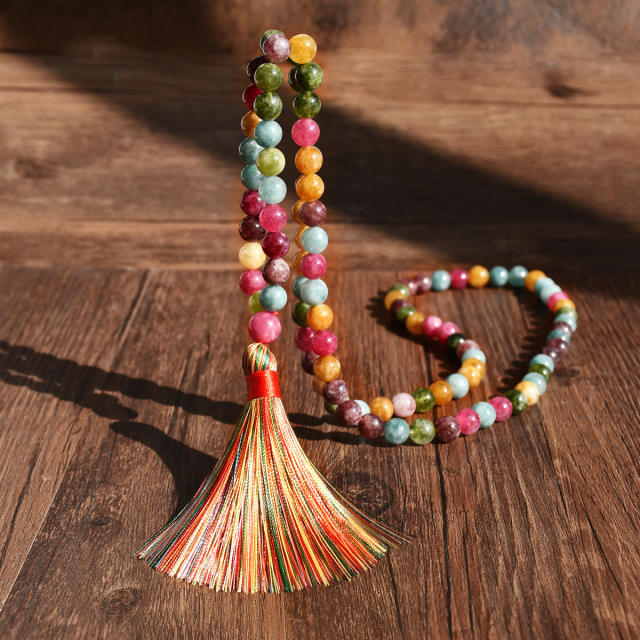 108pcs Boho natural stone beaded rope tassel necklace Rosary Necklace