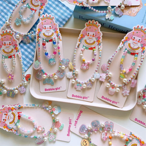 Korean fashion cute cartoon charm bead necklace bracelet set for kids