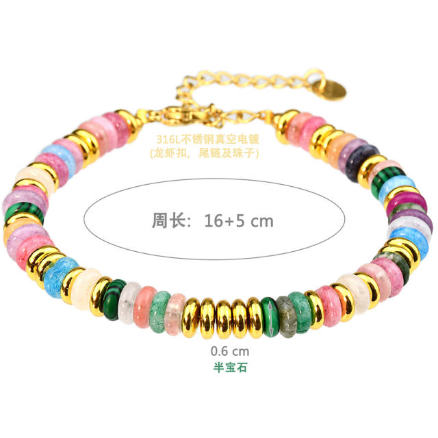 Boho hot sale colorful natural stone stainless steel beaded bracelet