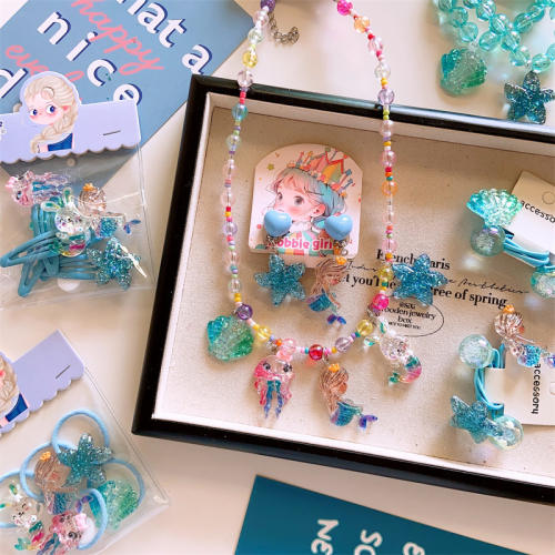 Summer ocean series blue color beaded fish tail jewelry set for kids