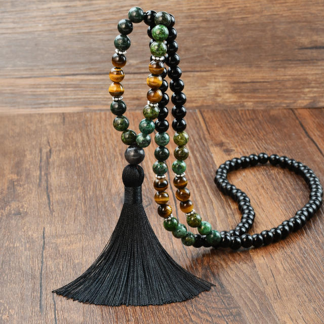 108pcs Boho natural stone beaded rope tassel necklace Rosary Necklace