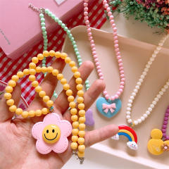 Summer candy color beaded heart rainbow pendant necklace for kids