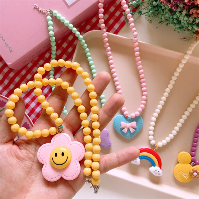 Summer candy color beaded heart rainbow pendant necklace for kids