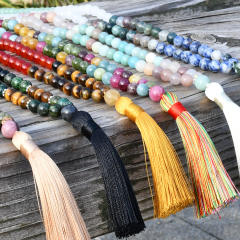 108pcs Boho natural stone beaded rope tassel necklace Rosary Necklace