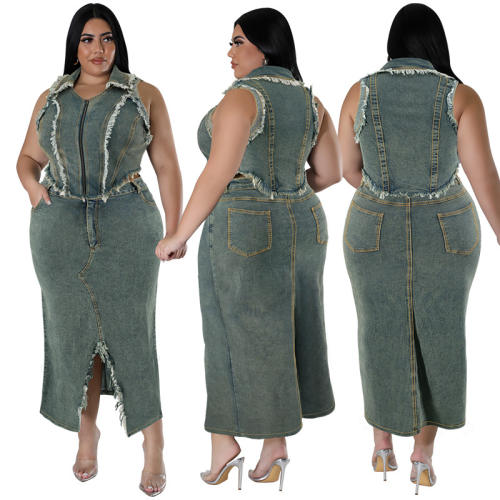 Plus size short tassel denim zipper tops midi skirt set