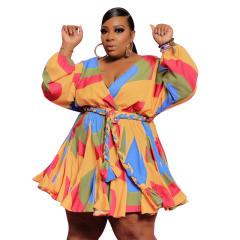 Plus size sexy V neck colorful pattern women short dress