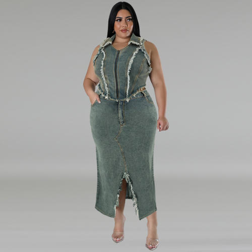 Plus size short tassel denim zipper tops midi skirt set
