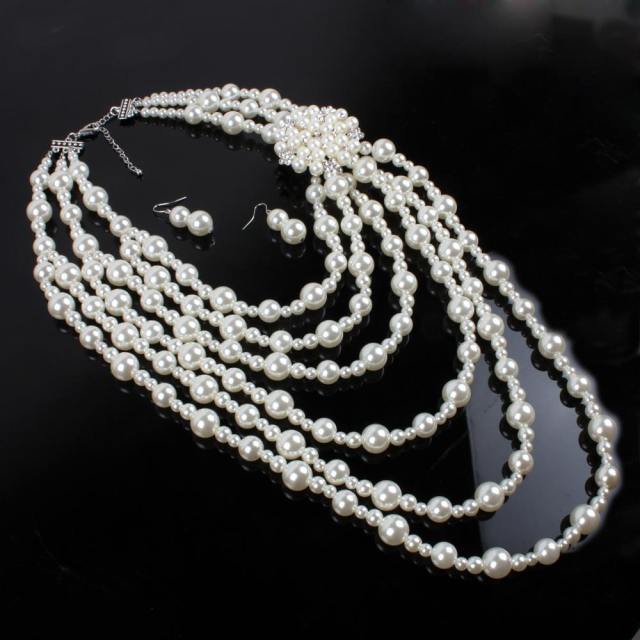 Vintage imitation pearl bead layer long necklace earrings set