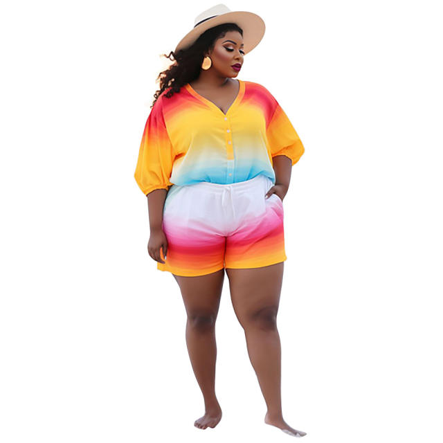 Plus size tie dye pattern short blouse set beach set