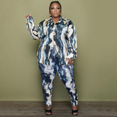 Plus size geometric pattern blouse pants set