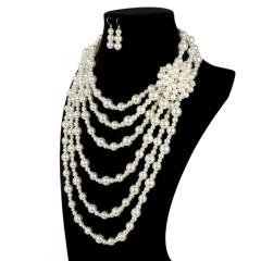 Vintage imitation pearl bead layer long necklace earrings set