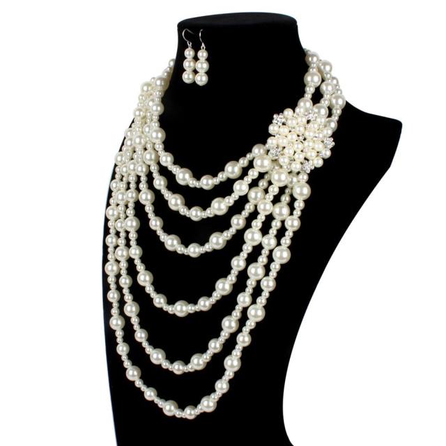 Vintage imitation pearl bead layer long necklace earrings set